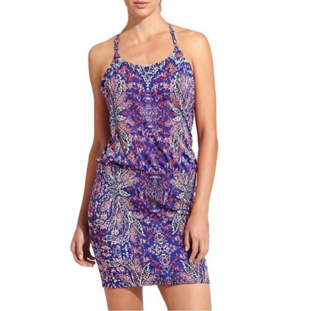 Athleta Aqualuxe Purple Paradise Print Swimwear Summer Dress Size XS UPF 50+